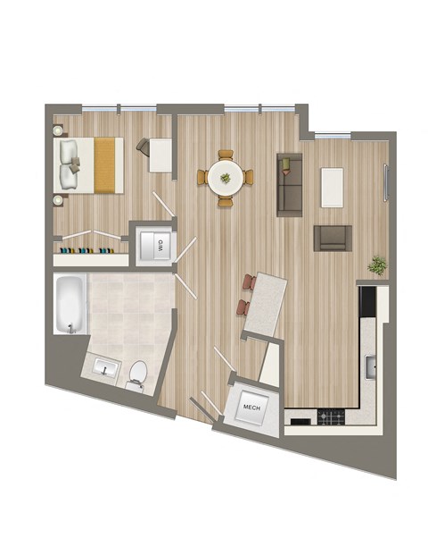 Floor plan for 1 bed, 1 bath, 619 sqft